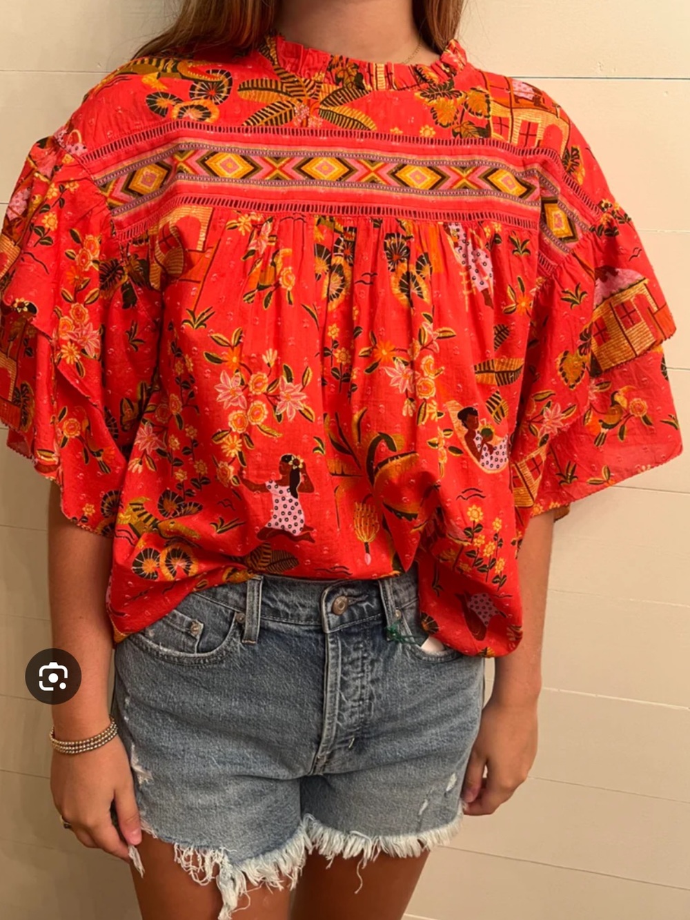 FARM Rio Coral and Yellow Printed Ruffle Blouse - Picture 2 of 9